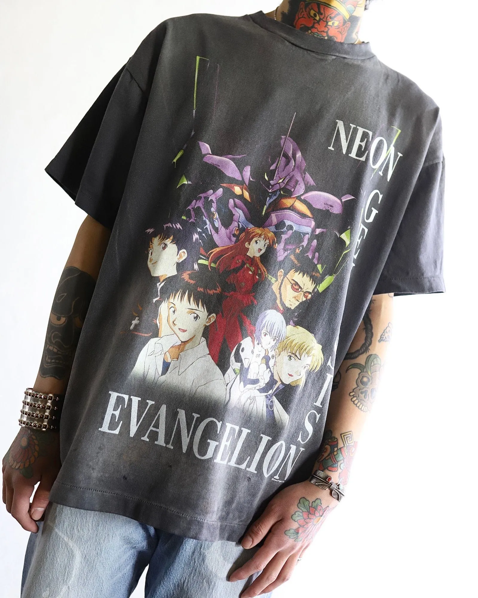 SAINT Mxxxxxx × EVANGELION NEON GNSIS TEE/BLK co-branded Neon Genesis Evangelion distressed short-sleeves, washed black S-XL, vintage NEW VINTAGE, top printing technology, garment dyeing, re-washed, distressed, correct co-branded main mark/washing mark